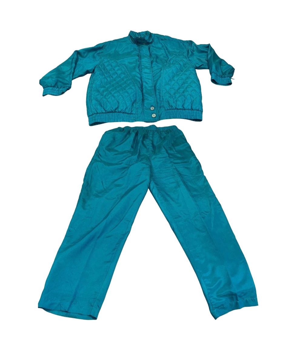 Vintage Signature Womens Silk Coord Set Size XL NEW Pants Jacket Peacock Teal